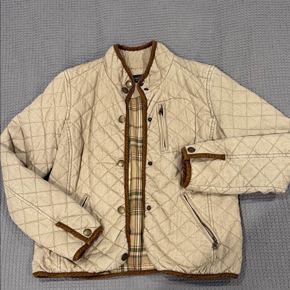 Lauren Ralph Lauren Beige Quilted Jacket with Brown Accents
